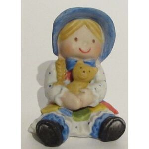 Holly Hobbie holding Teddybear with braids porcelain figurine Taiwan